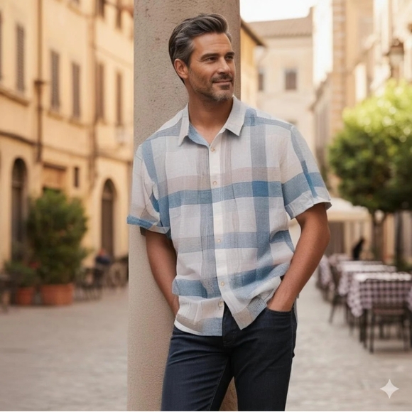 Tasso Elba Island Men's Blue, Gray, and Khaki Plaid Shirt (SH-27) - Picture 1 of 7